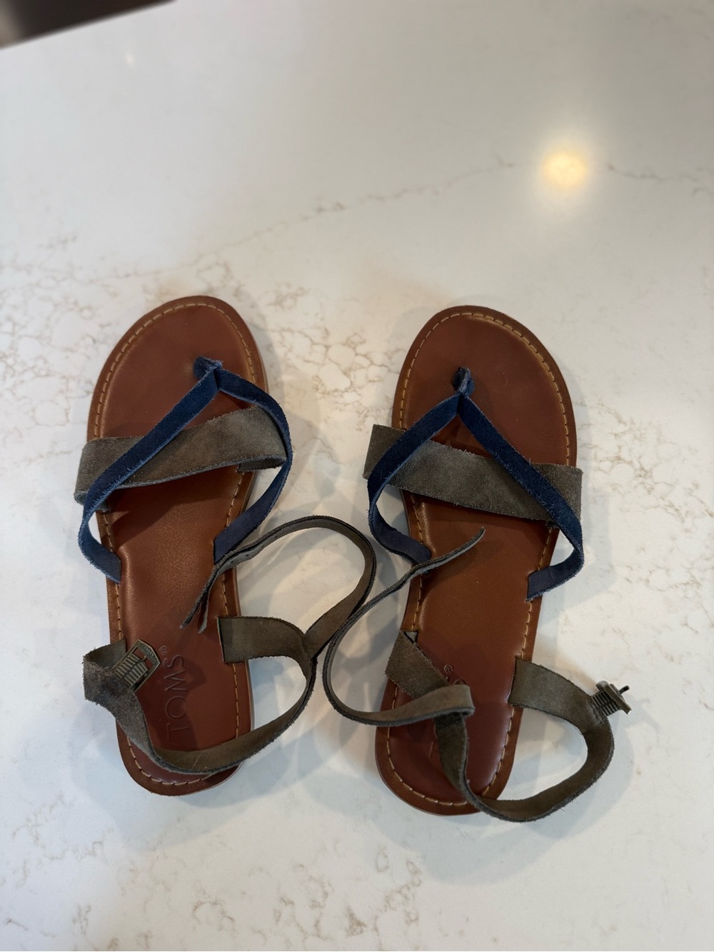 Toms Leather Sandals with Olive Green and Navy Suede Straps